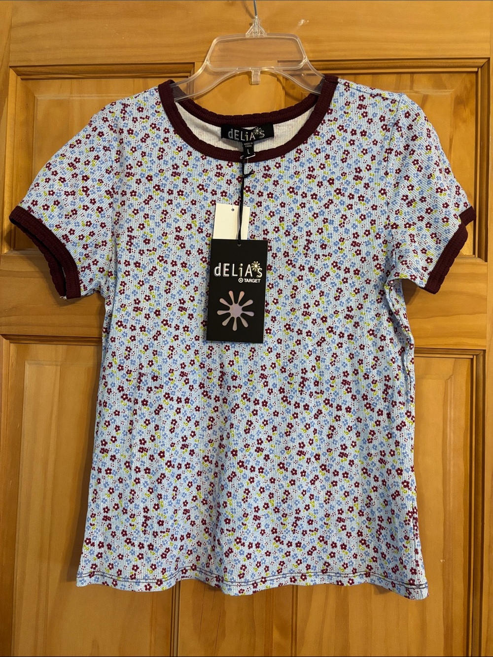 dELiA*s Light Blue Floral Ringer Tee with Burgandy Trim